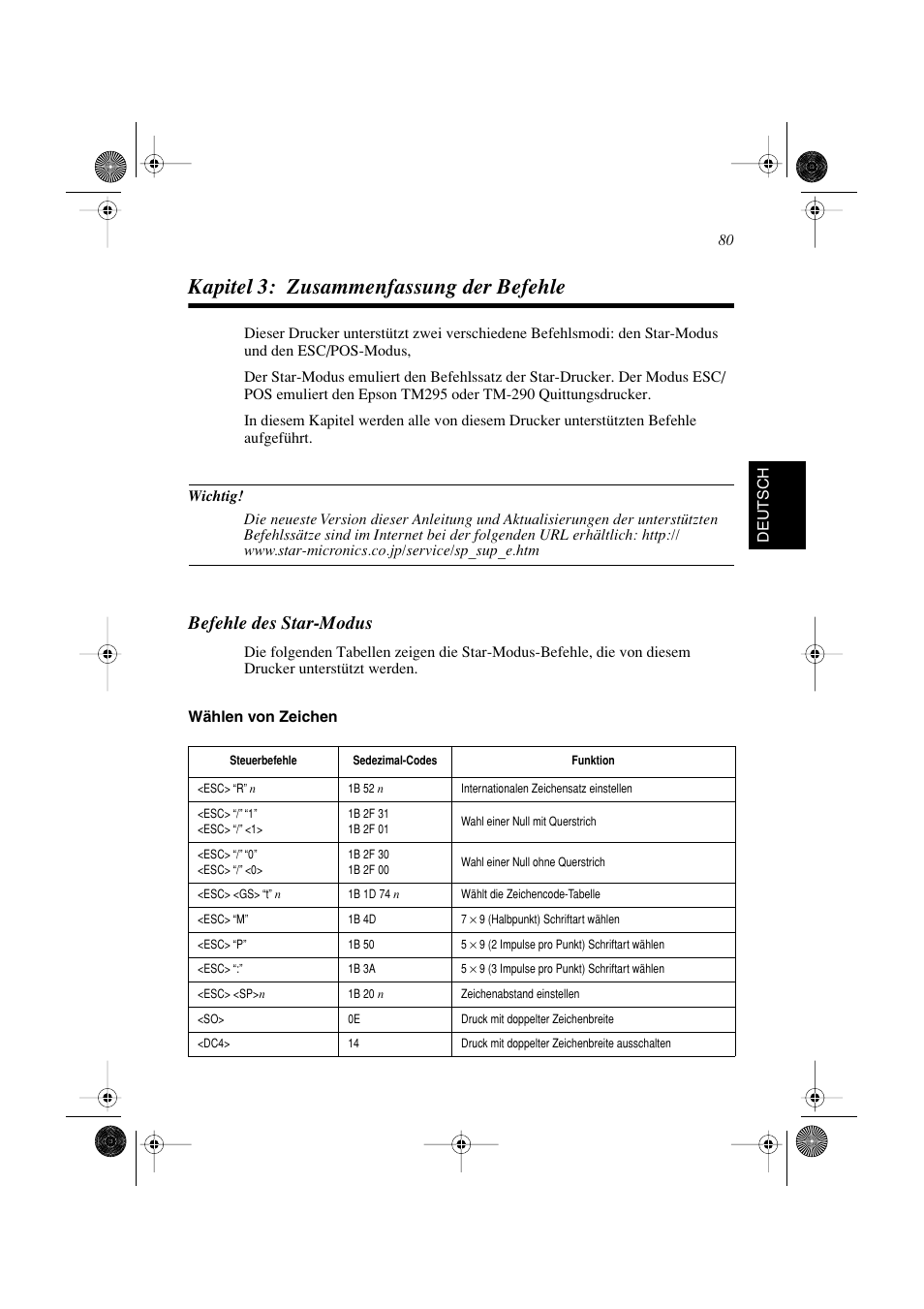 Kapitel 3: zusammenfassung der befehle, Befehle des star-modus | Star Micronics SP298 Series User Manual | Page 83 / 144