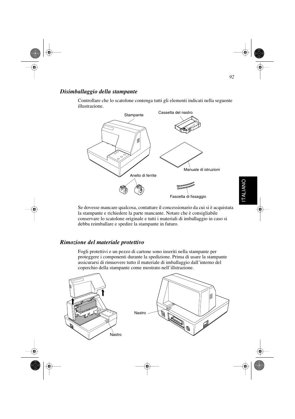 Disimballaggio della stampante, Rimozione del materiale protettivo | Star Micronics SP298 Series User Manual | Page 95 / 144