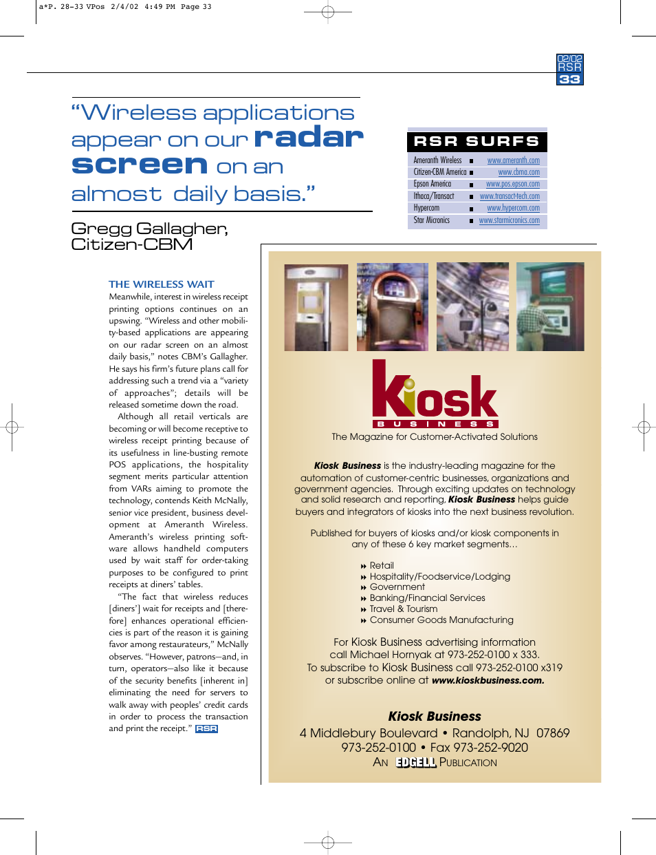 Radar screen, Wireless applications appear on our, On an almost daily basis | Gregg gallagher, citizen-cbm, Kiosk business | Star Micronics RSR 28 User Manual | Page 5 / 5