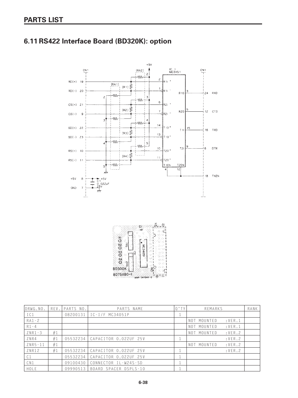 11 rs422 interface board (bd320k): option, 1 circuit diagram, 2 component layout | 3 parts list, Parts list, Ver. 1 | Star Micronics SP320S User Manual | Page 91 / 94