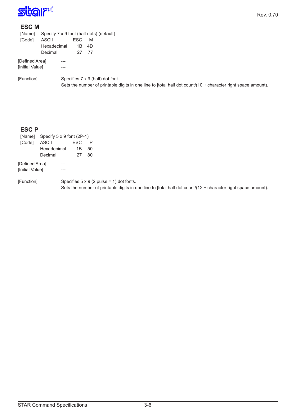 Esc m, Esc p | Star Micronics Dot Impact Printer User Manual | Page 14 / 104
