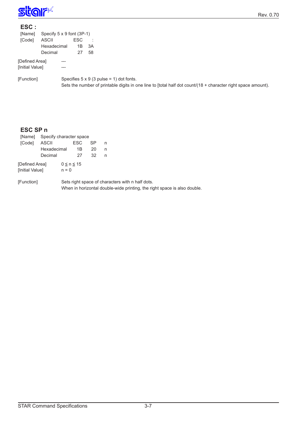 Esc sp n | Star Micronics Dot Impact Printer User Manual | Page 15 / 104