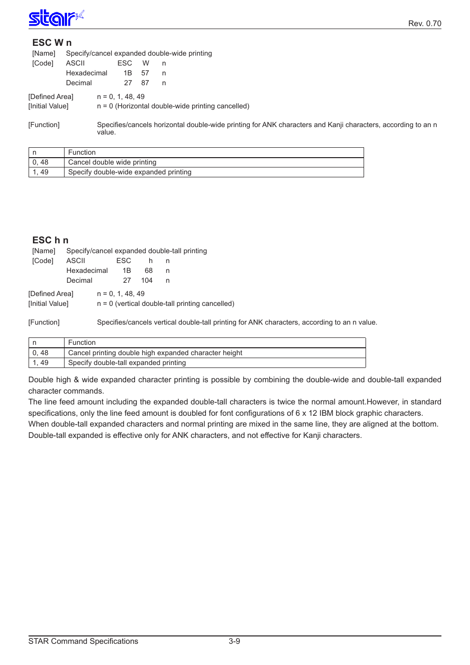 Esc w n, Esc h n | Star Micronics Dot Impact Printer User Manual | Page 17 / 104