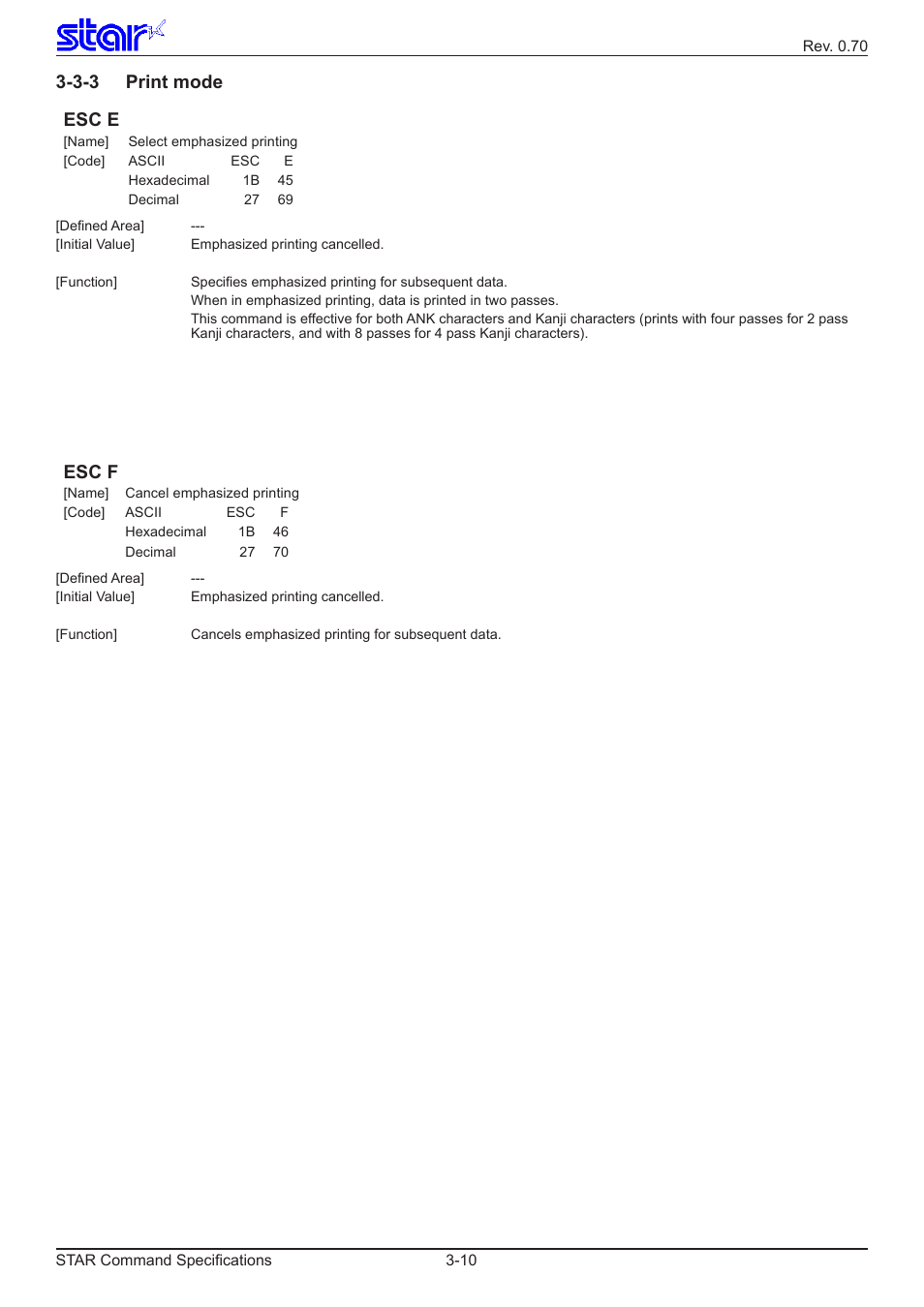 3-3 print mode, Esc e, Esc f | 3-3 print mode esc e | Star Micronics Dot Impact Printer User Manual | Page 18 / 104
