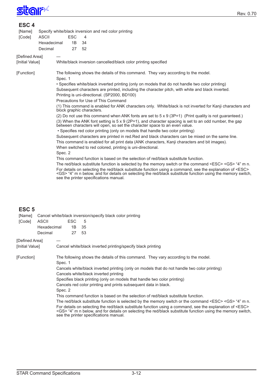 Esc 4, Esc 5 | Star Micronics Dot Impact Printer User Manual | Page 20 / 104