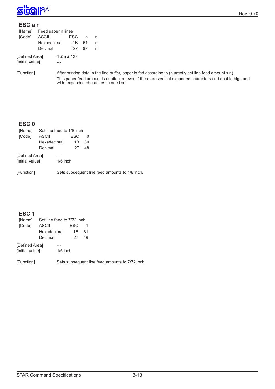 Esc a n, Esc 0, Esc 1 | Star Micronics Dot Impact Printer User Manual | Page 26 / 104