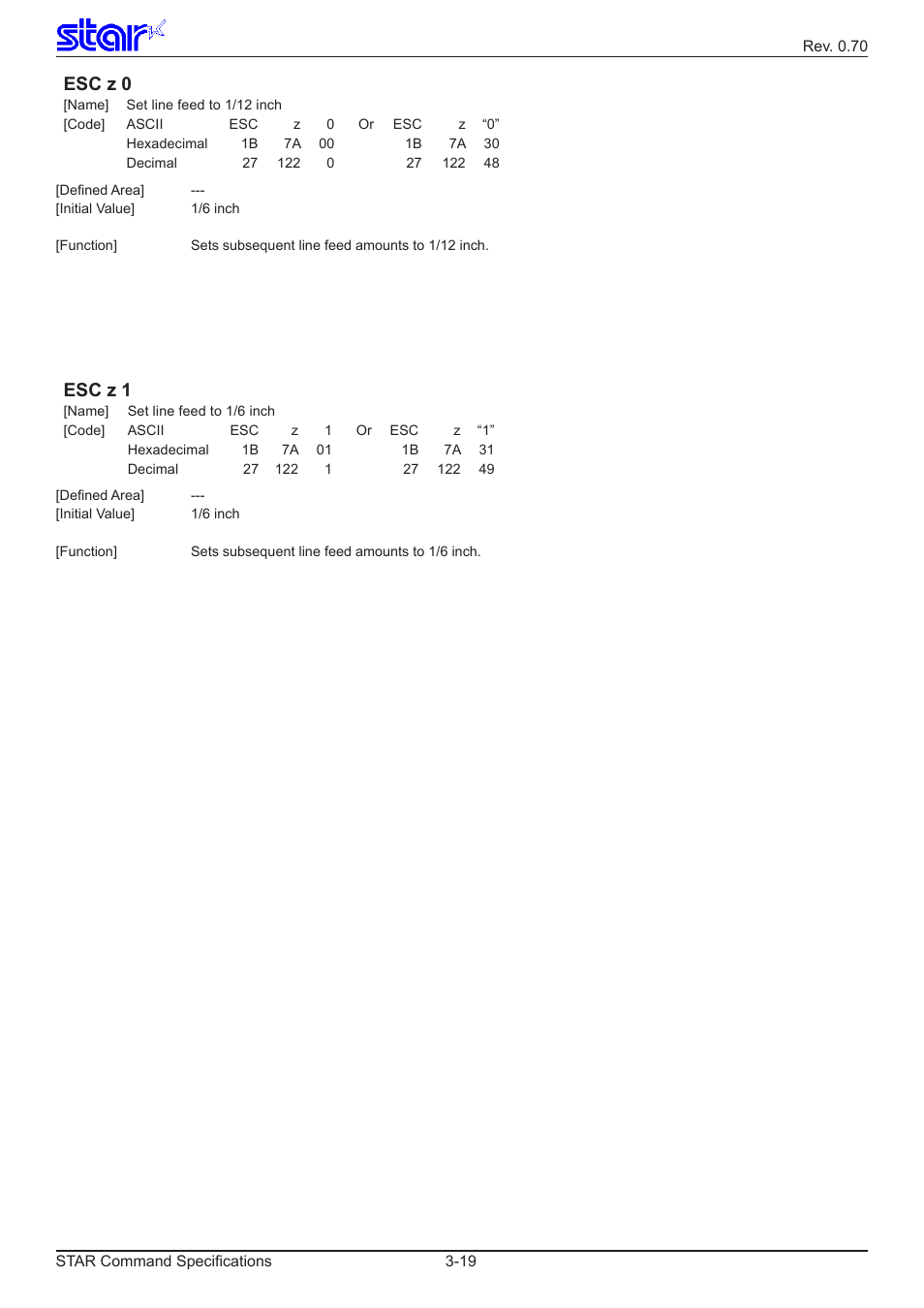 Esc z 0, Esc z 1 | Star Micronics Dot Impact Printer User Manual | Page 27 / 104