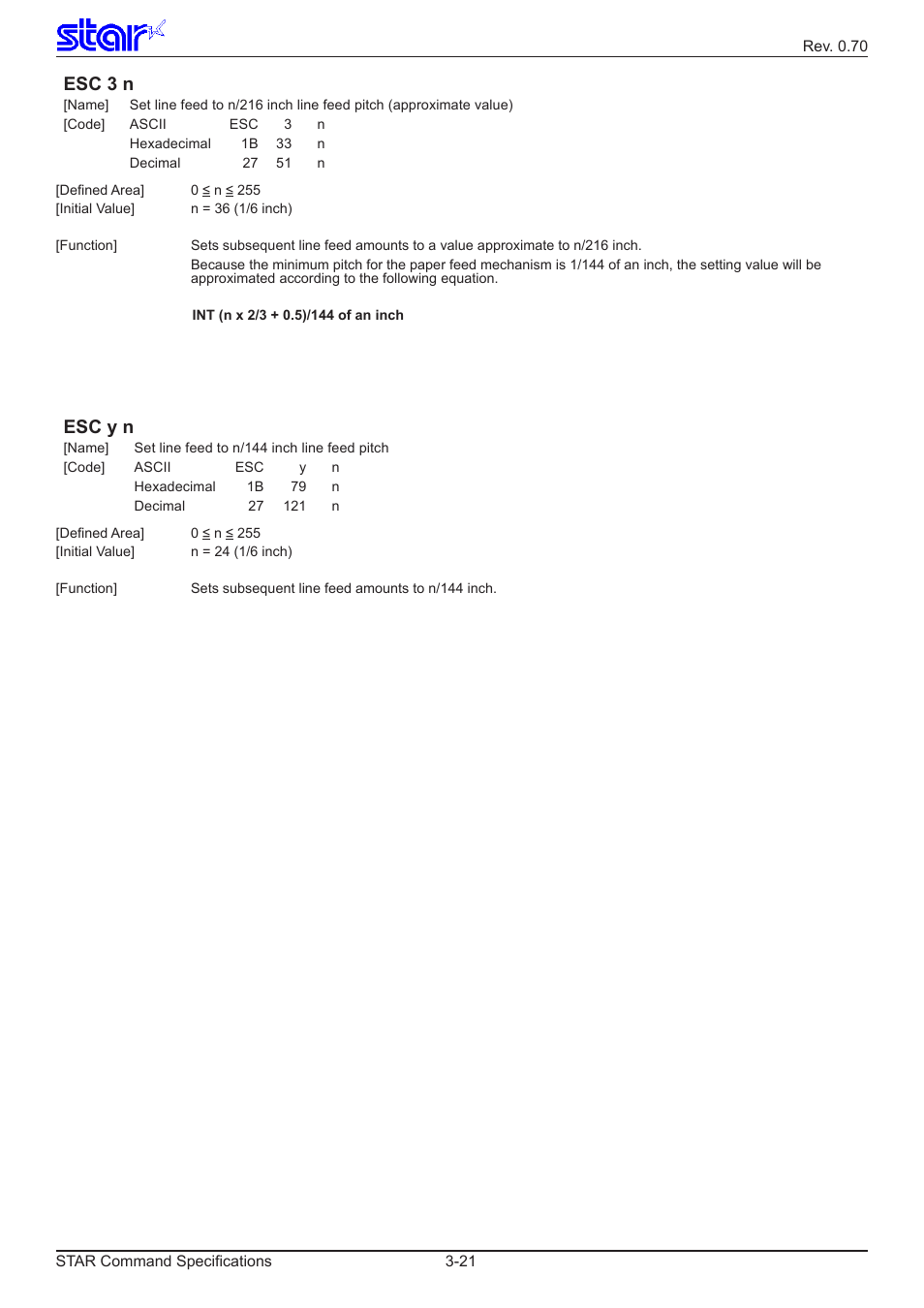 Esc 3 n, Esc y n | Star Micronics Dot Impact Printer User Manual | Page 29 / 104