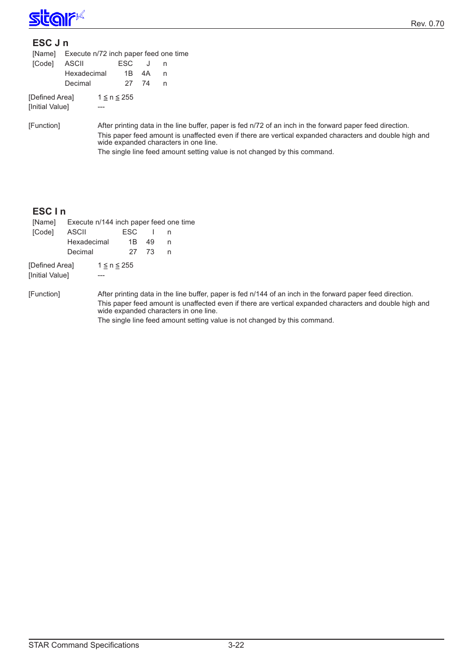 Esc j n, Esc i n | Star Micronics Dot Impact Printer User Manual | Page 30 / 104