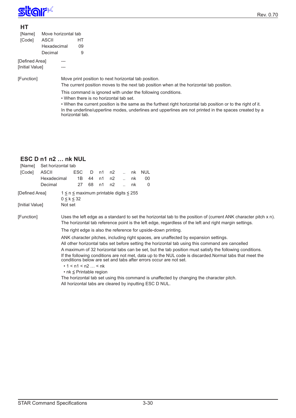Esc d n1 n2 … nk nul | Star Micronics Dot Impact Printer User Manual | Page 38 / 104