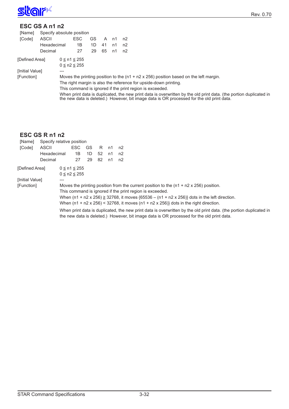 Esc gs a n1 n2, Esc gs r n1 n2 | Star Micronics Dot Impact Printer User Manual | Page 40 / 104