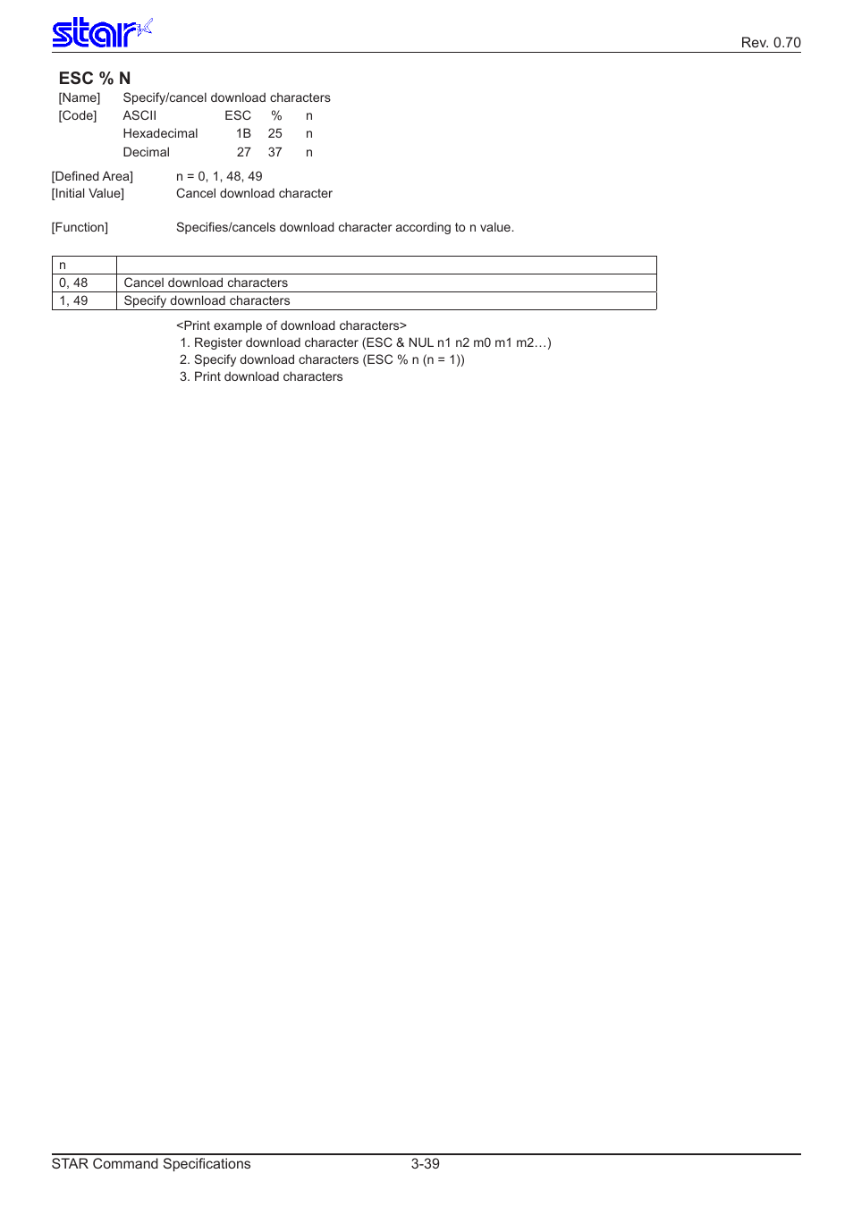 Esc % n | Star Micronics Dot Impact Printer User Manual | Page 47 / 104