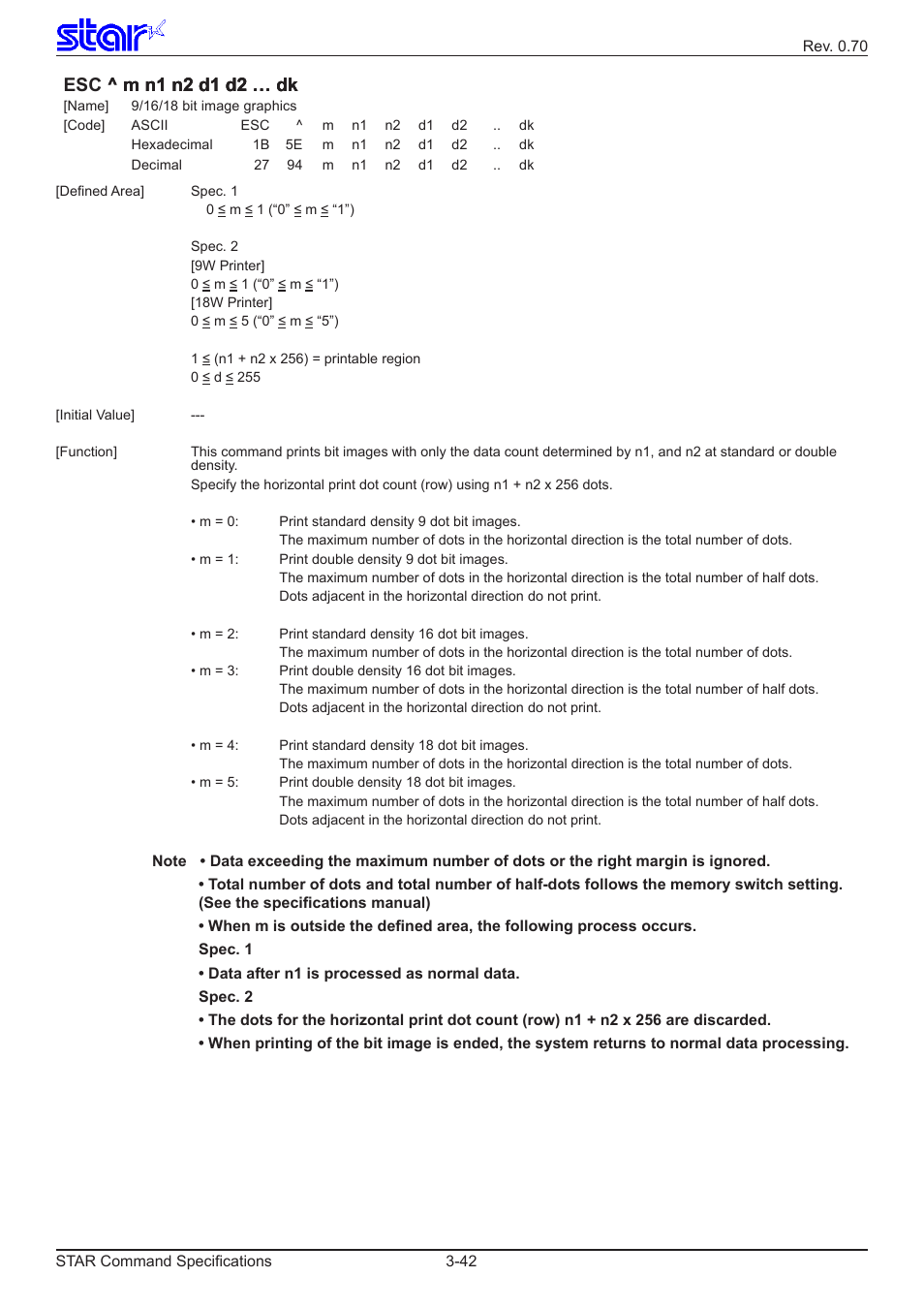 Esc ^ m n1 n2 d1 d2 … dk | Star Micronics Dot Impact Printer User Manual | Page 50 / 104