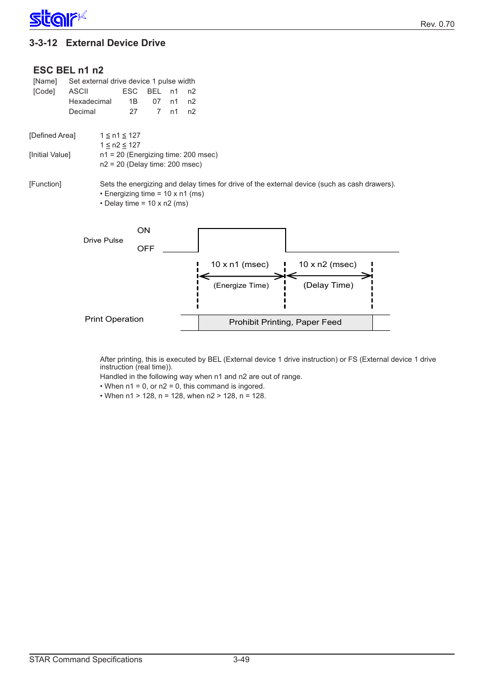 3-12 external device drive, Esc bel n1 n2 | Star Micronics Dot Impact Printer User Manual | Page 57 / 104