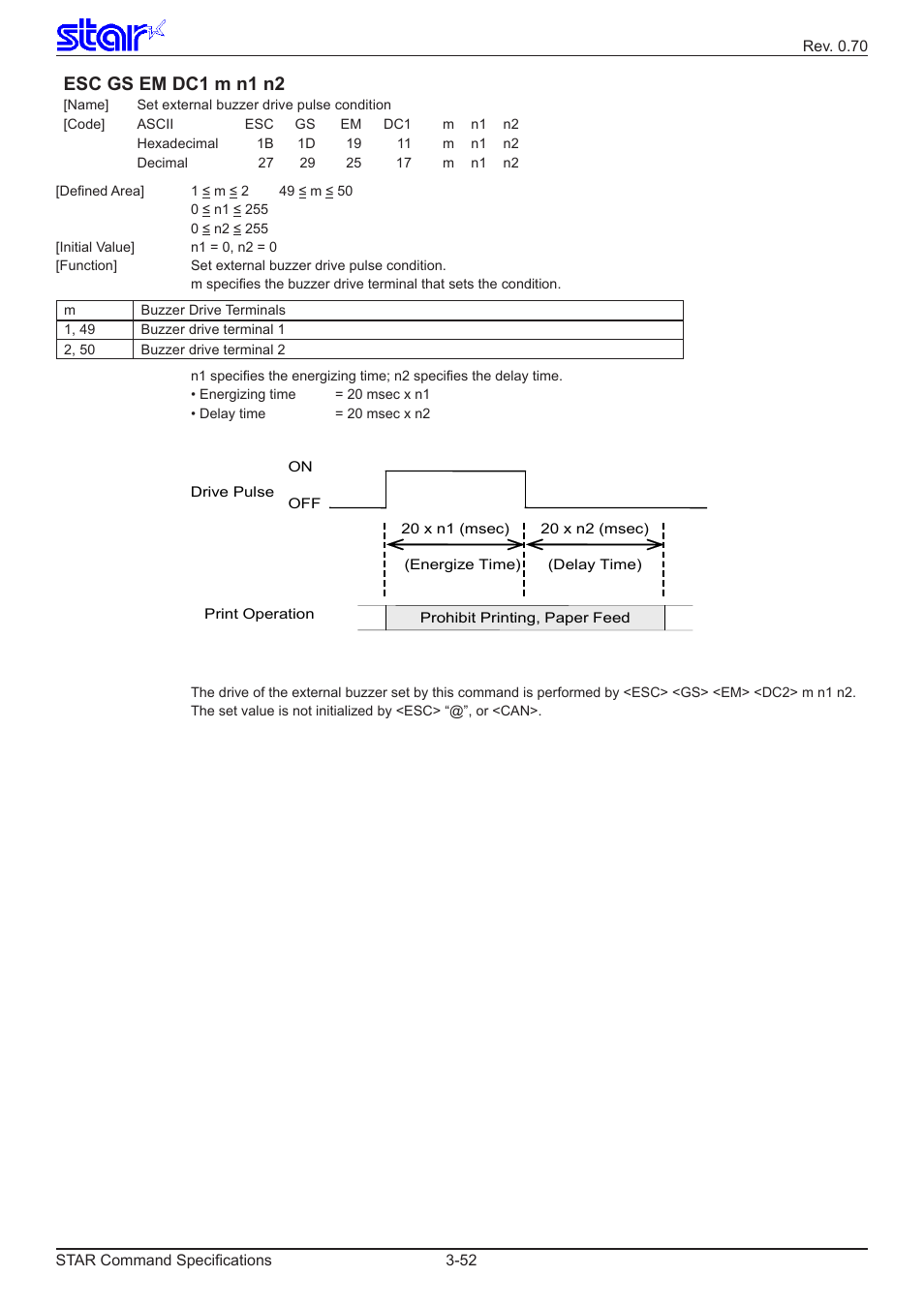 Esc gs em dc1 m n1 n2 | Star Micronics Dot Impact Printer User Manual | Page 60 / 104