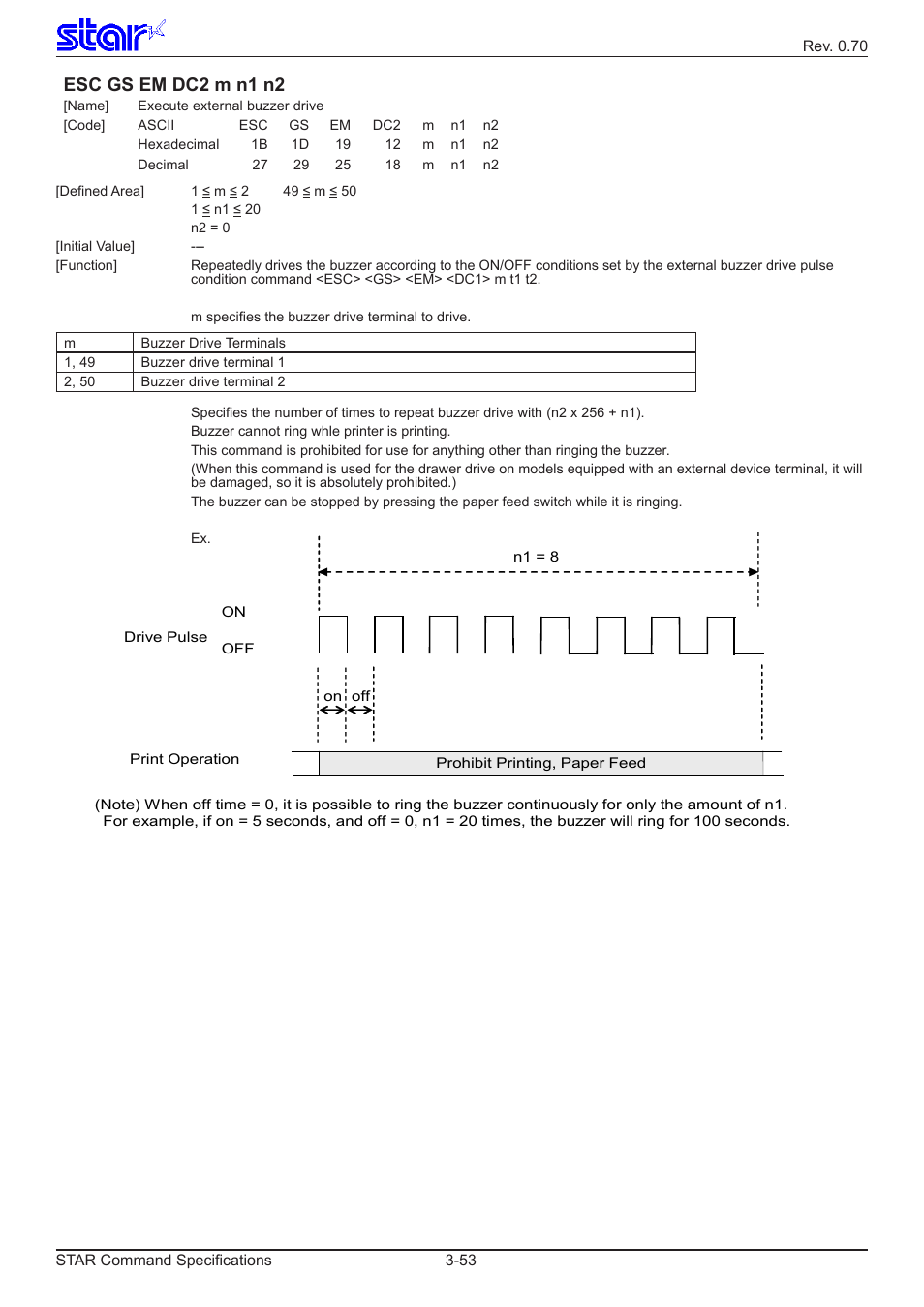 Esc gs em dc2 m n1 n2 | Star Micronics Dot Impact Printer User Manual | Page 61 / 104