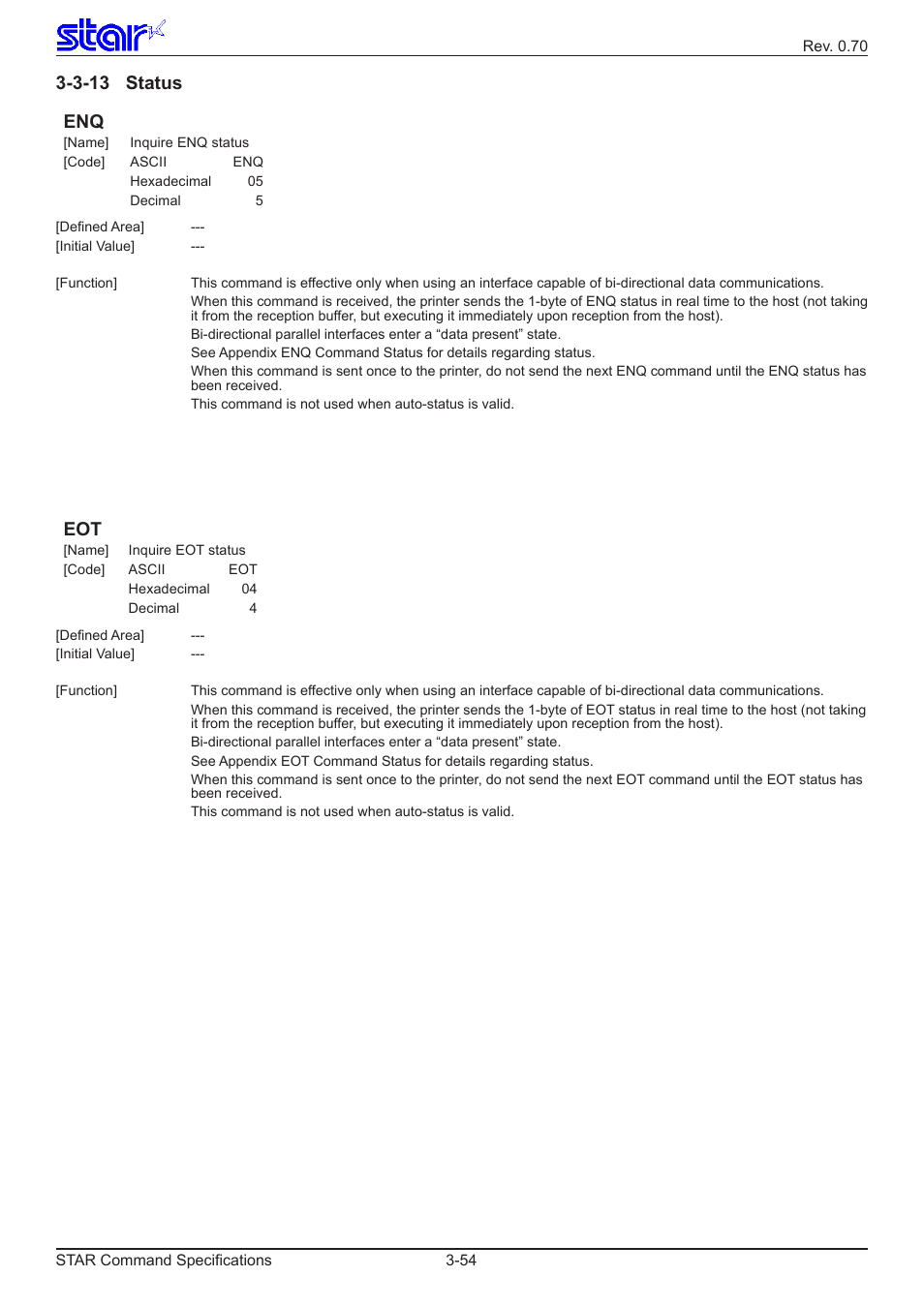 3-13 status, 3-13 status enq | Star Micronics Dot Impact Printer User Manual | Page 62 / 104