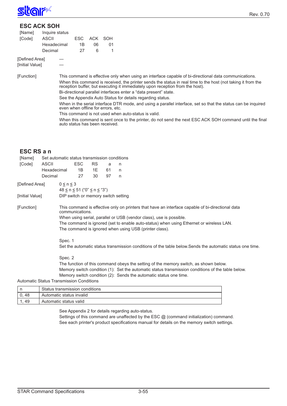 Esc ack soh, Esc rs a n | Star Micronics Dot Impact Printer User Manual | Page 63 / 104