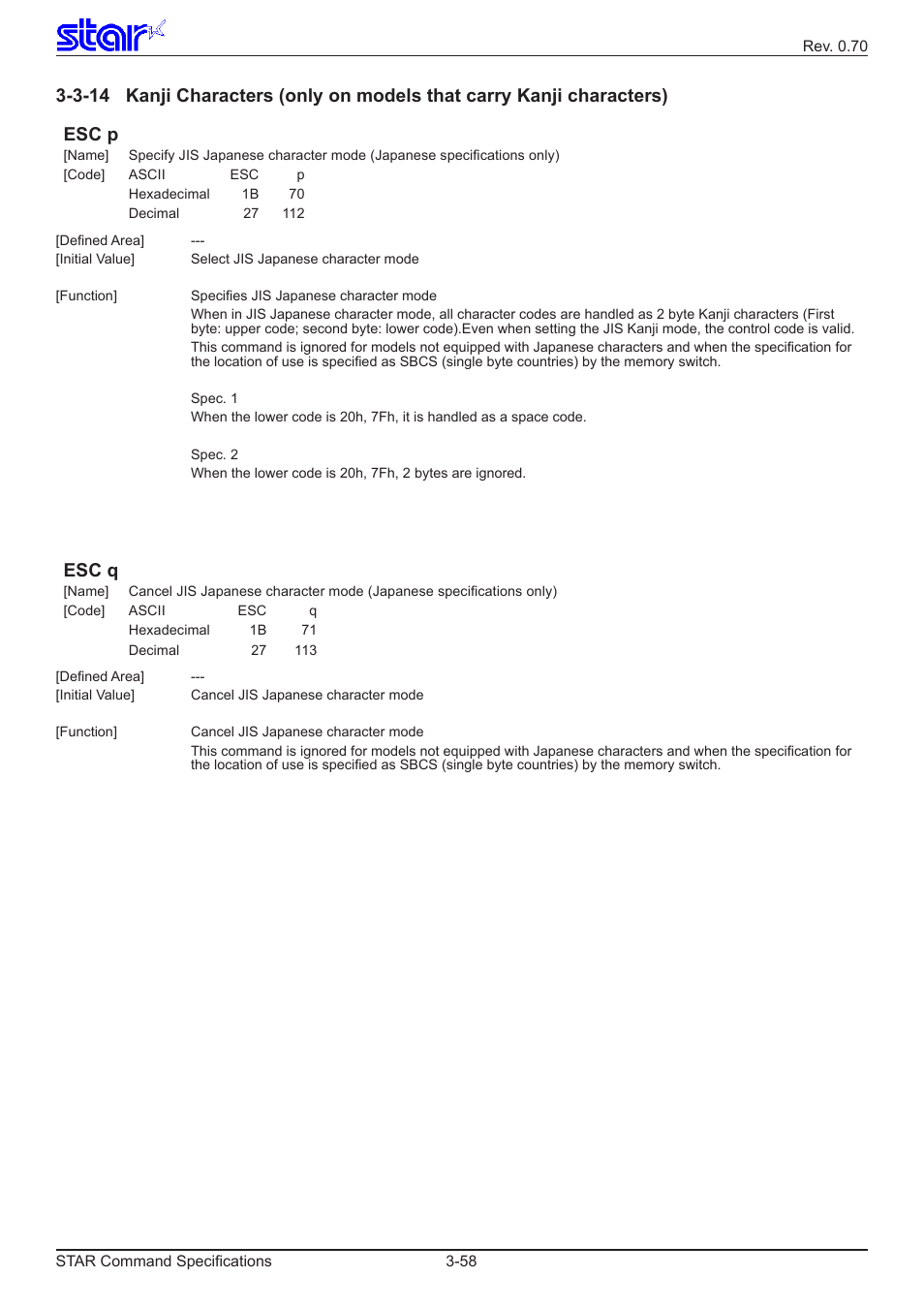 Esc p, Esc q | Star Micronics Dot Impact Printer User Manual | Page 66 / 104