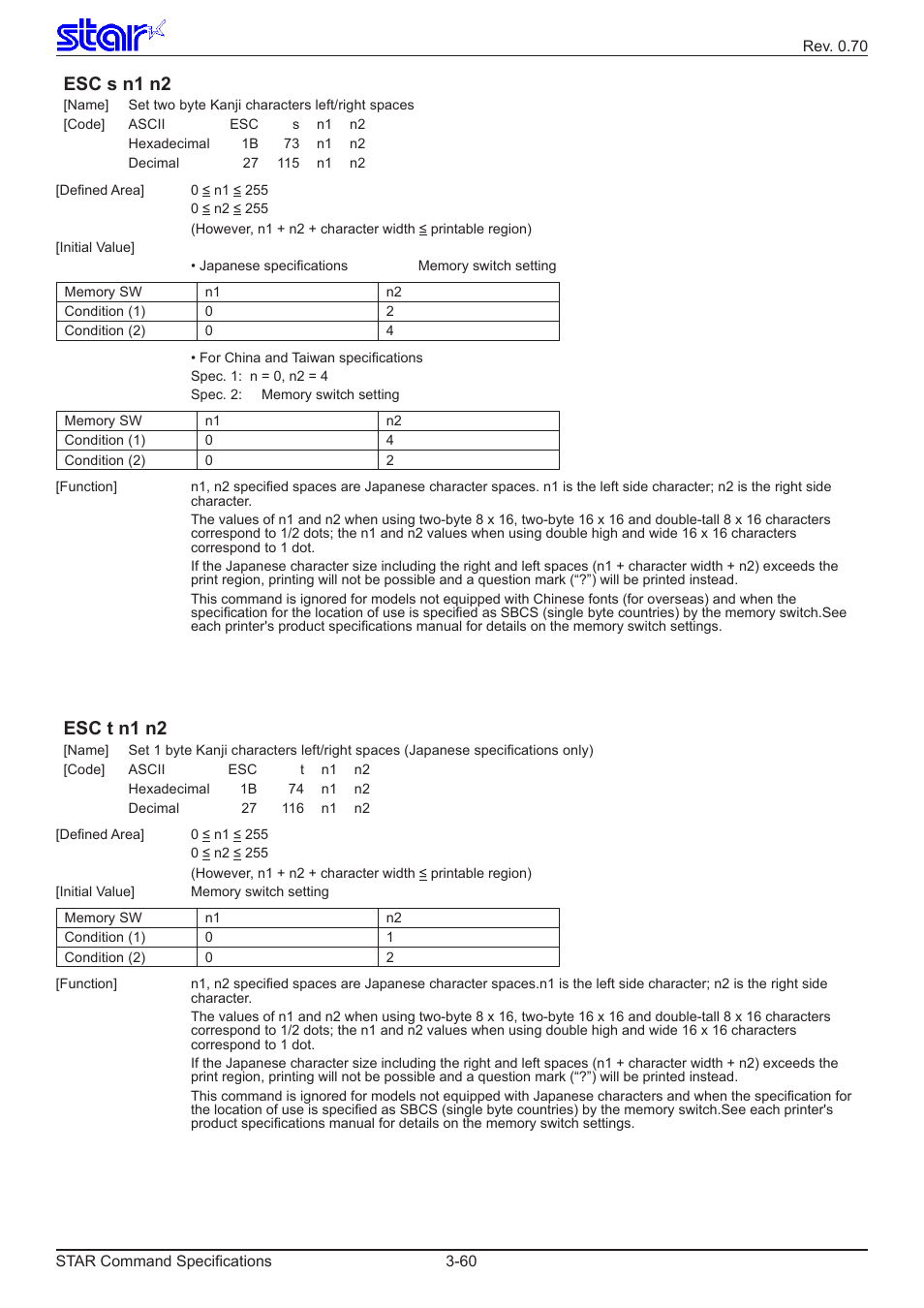 Esc s n1 n2, Esc t n1 n2 | Star Micronics Dot Impact Printer User Manual | Page 68 / 104