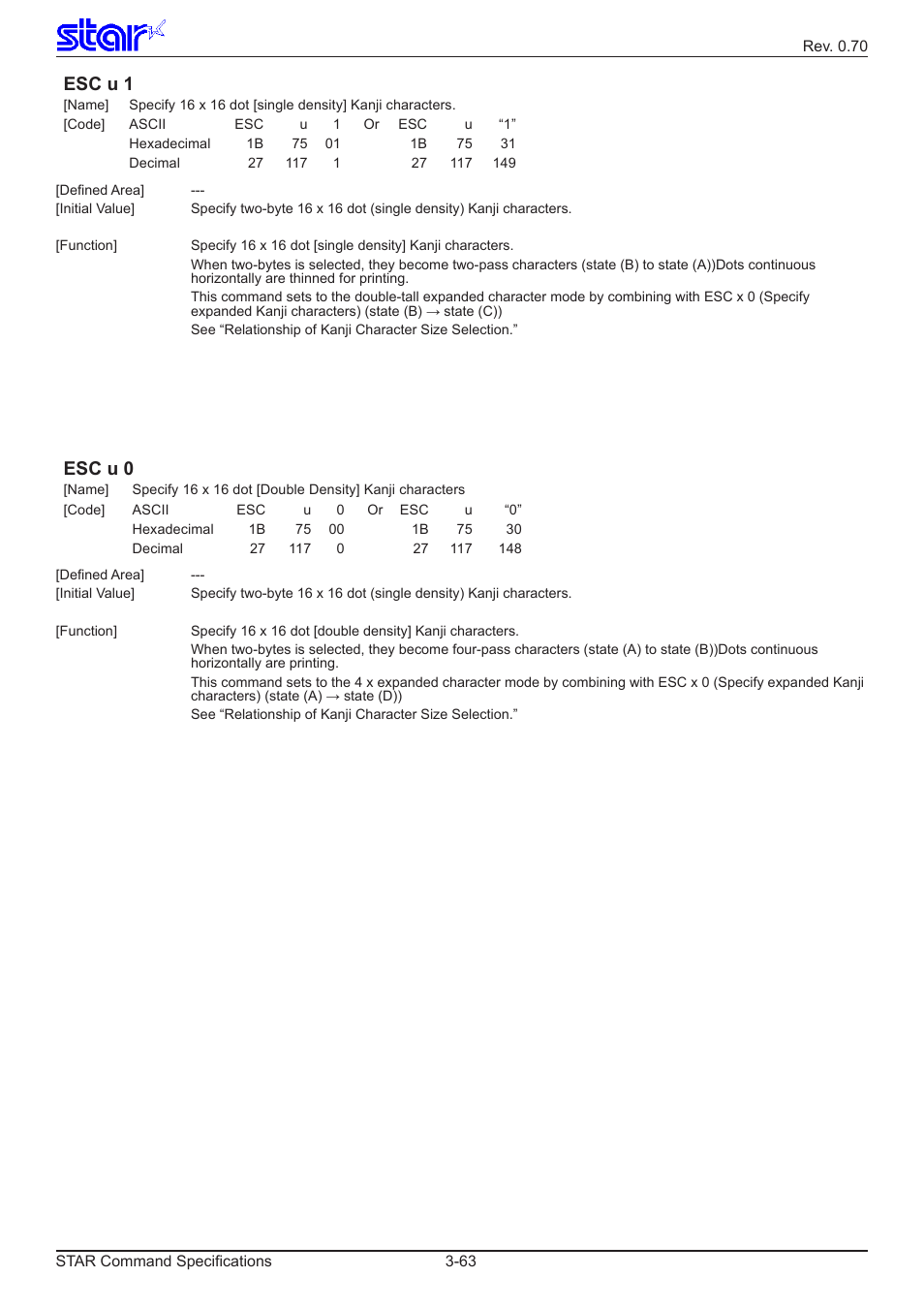Esc u 1, Esc u 0 | Star Micronics Dot Impact Printer User Manual | Page 71 / 104