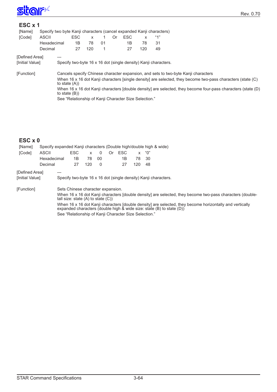 Esc x 1, Esc x 0 | Star Micronics Dot Impact Printer User Manual | Page 72 / 104