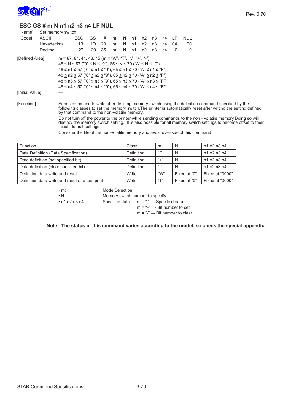 Esc gs # m n n1 n2 n3 n4 lf nul | Star Micronics Dot Impact Printer User Manual | Page 78 / 104