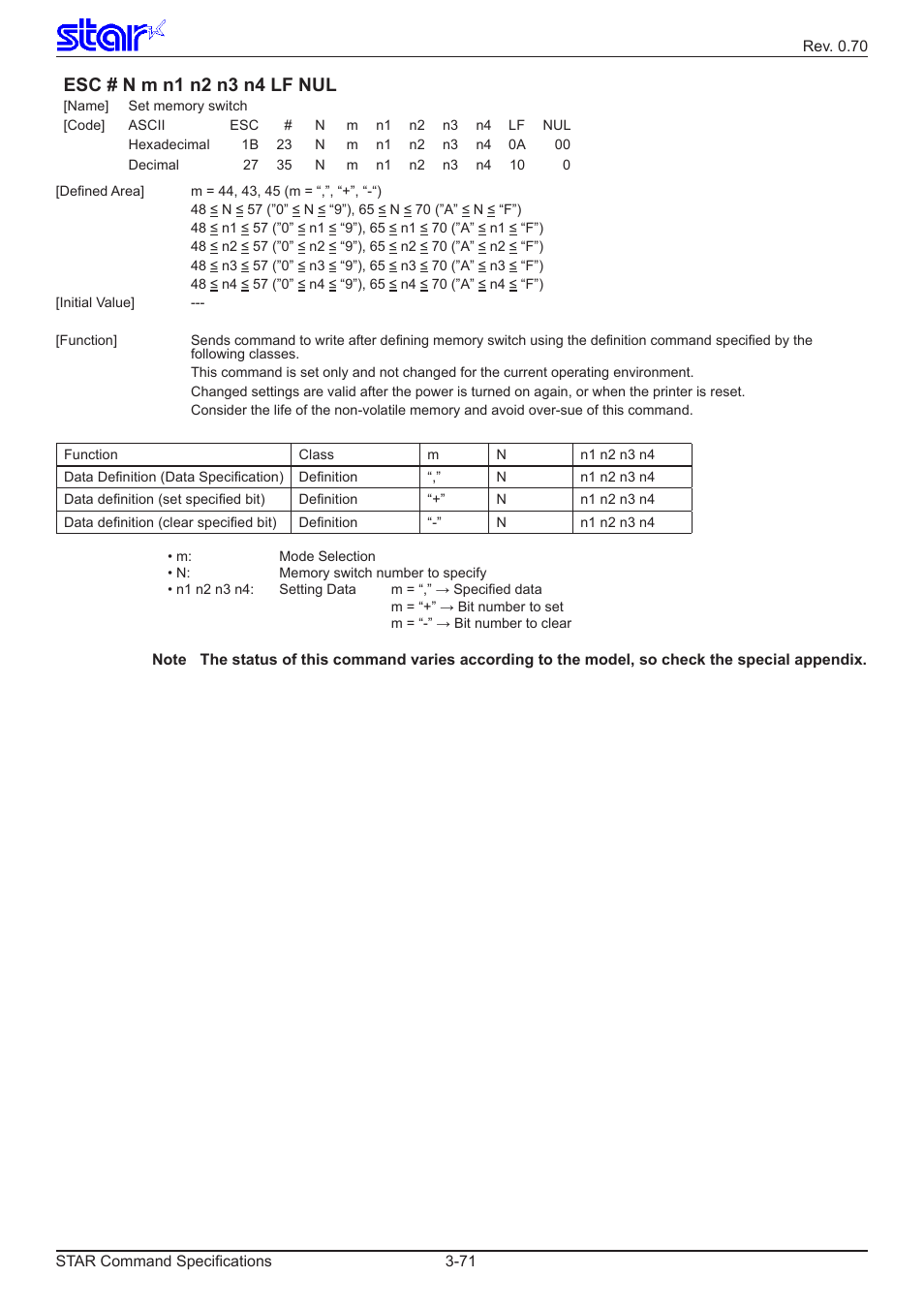 Esc # n m n1 n2 n3 n4 lf nul | Star Micronics Dot Impact Printer User Manual | Page 79 / 104