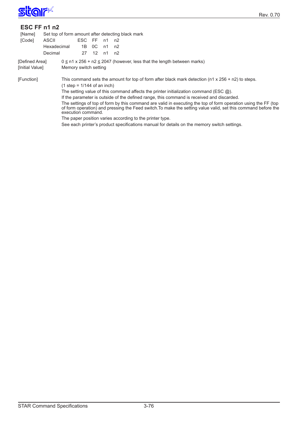 Esc ff n1 n2 | Star Micronics Dot Impact Printer User Manual | Page 84 / 104