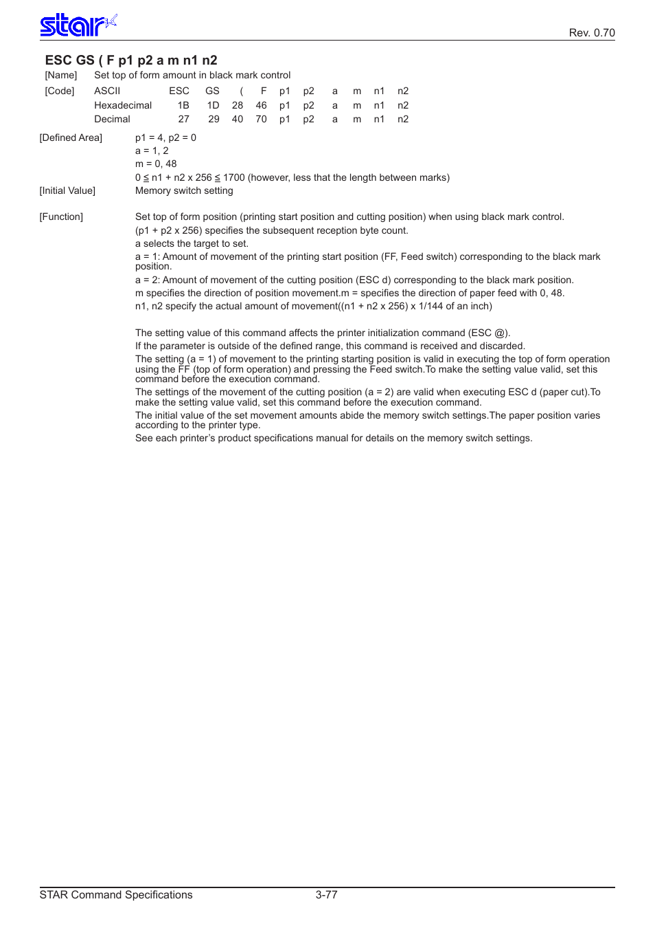 Esc gs ( f p1 p2 a m n1 n2 | Star Micronics Dot Impact Printer User Manual | Page 85 / 104