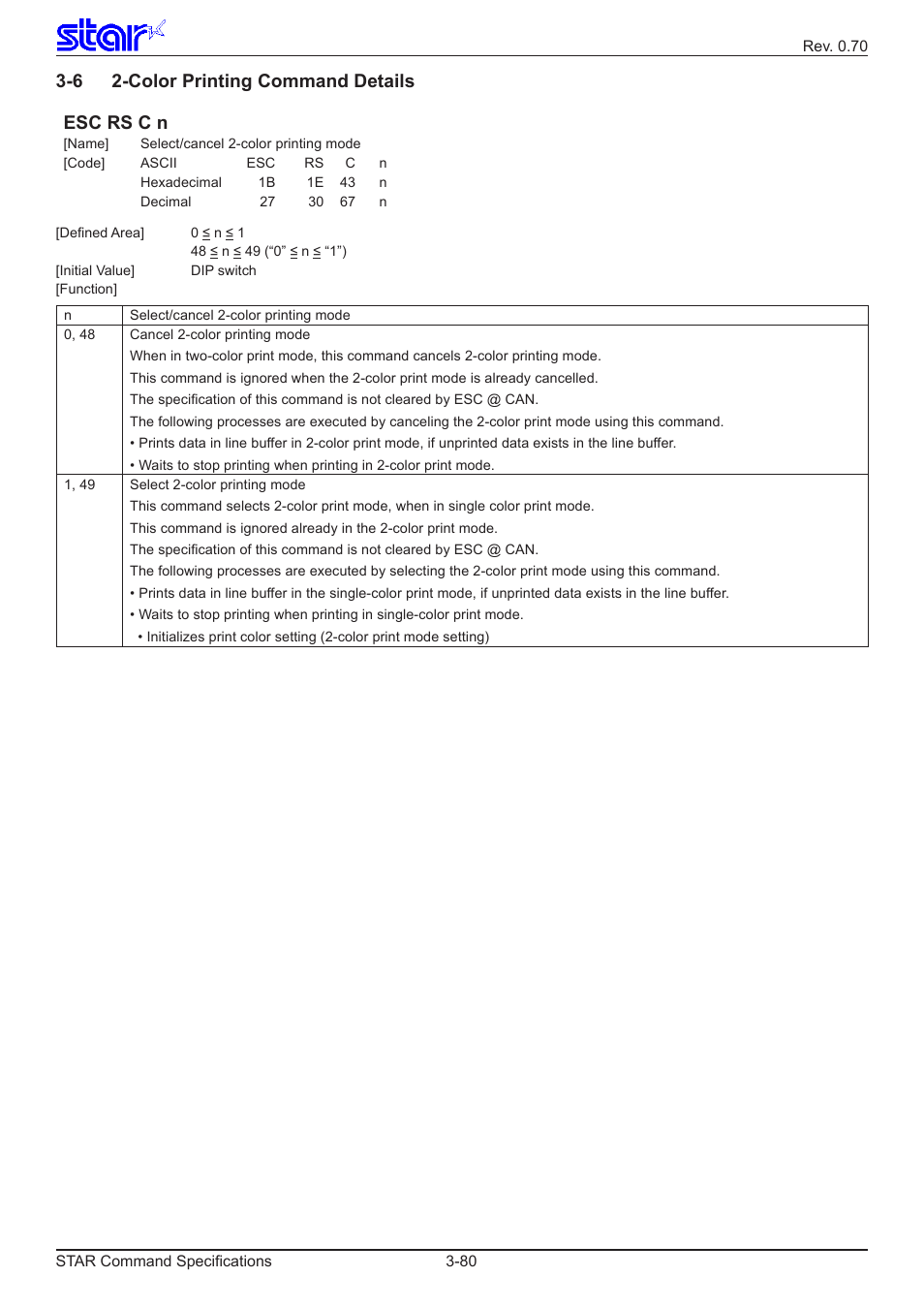 6 2-color printing command details, Esc rs c n, 6 2-color printing command details esc rs c n | Star Micronics Dot Impact Printer User Manual | Page 88 / 104