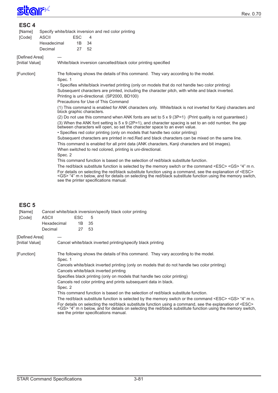 Esc 4, Esc 5 | Star Micronics Dot Impact Printer User Manual | Page 89 / 104