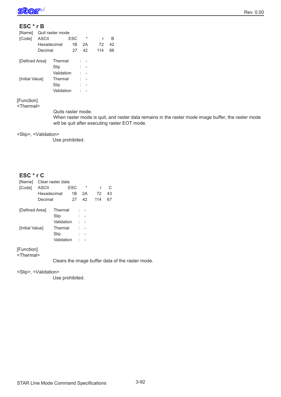 Esc * r b, Esc * r c | Star Micronics Line Thermal/Dot Printer User Manual | Page 104 / 209