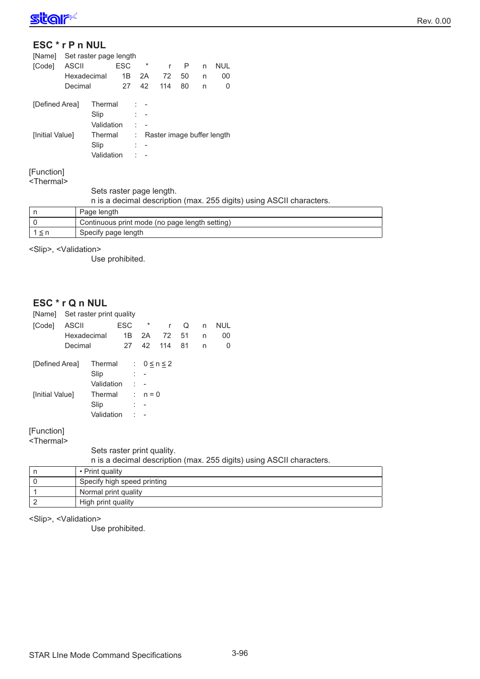 Esc * r p n nul, Esc * r q n nul | Star Micronics Line Thermal/Dot Printer User Manual | Page 108 / 209