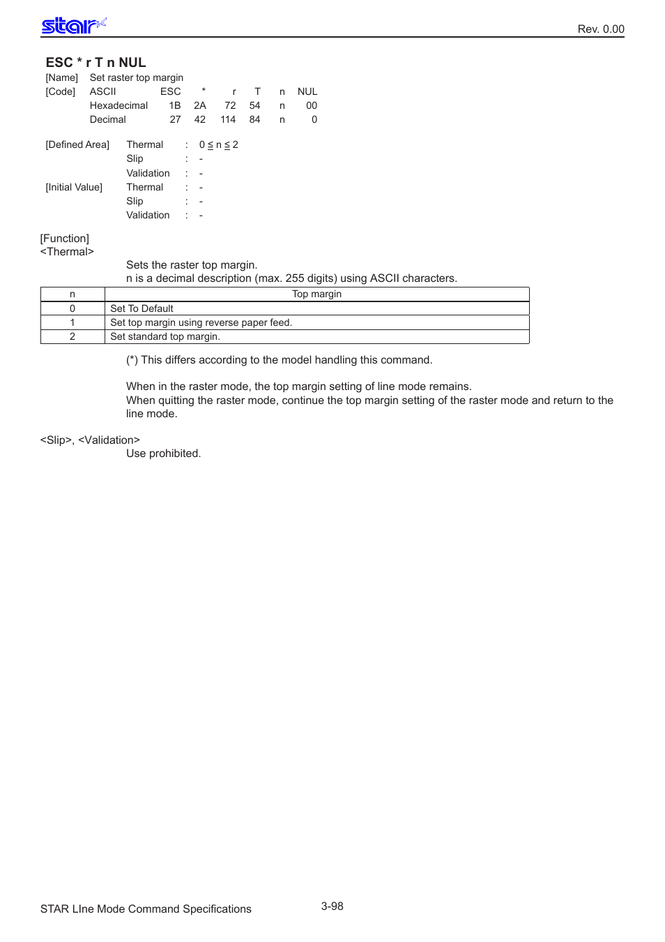 Esc * r t n nul | Star Micronics Line Thermal/Dot Printer User Manual | Page 110 / 209