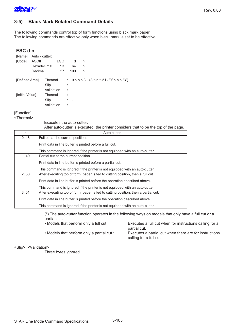 5) black mark related command details, Esc d n | Star Micronics Line Thermal/Dot Printer User Manual | Page 117 / 209