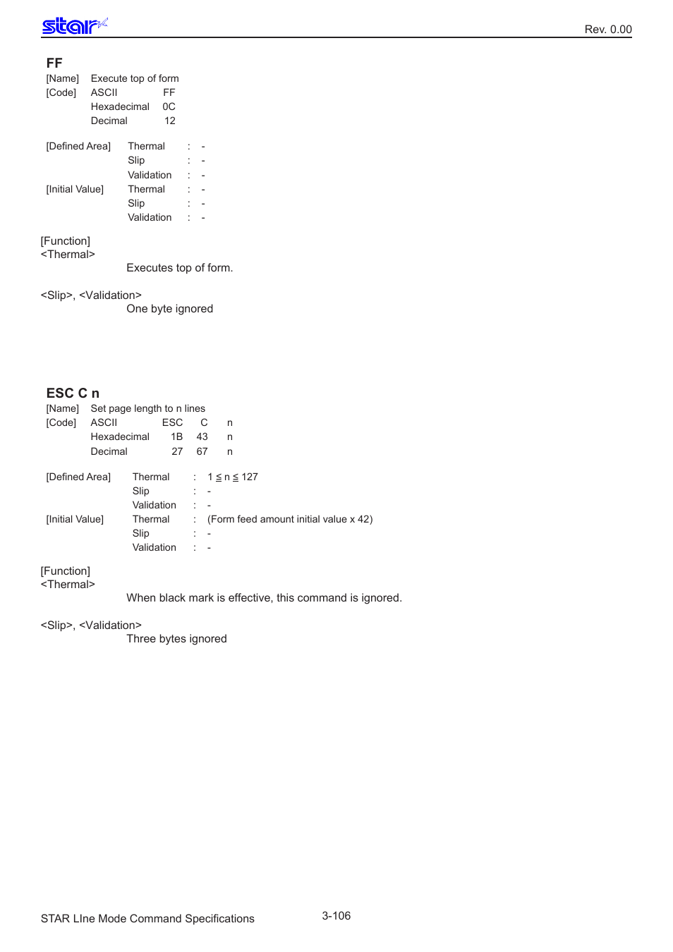 Esc c n | Star Micronics Line Thermal/Dot Printer User Manual | Page 118 / 209