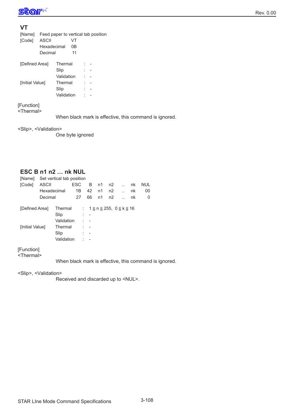 Esc b n1 n2 … nk nul | Star Micronics Line Thermal/Dot Printer User Manual | Page 120 / 209