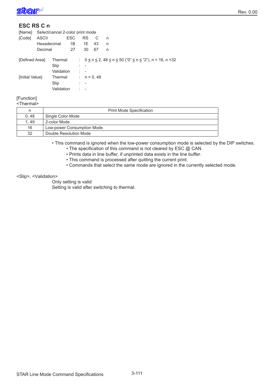 Esc rs c n | Star Micronics Line Thermal/Dot Printer User Manual | Page 123 / 209