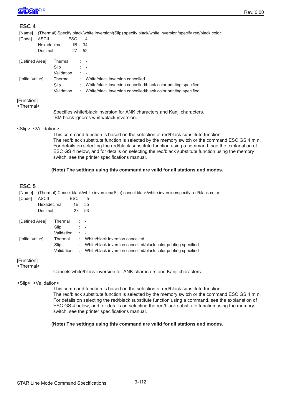 Esc 4, Esc 5 | Star Micronics Line Thermal/Dot Printer User Manual | Page 124 / 209