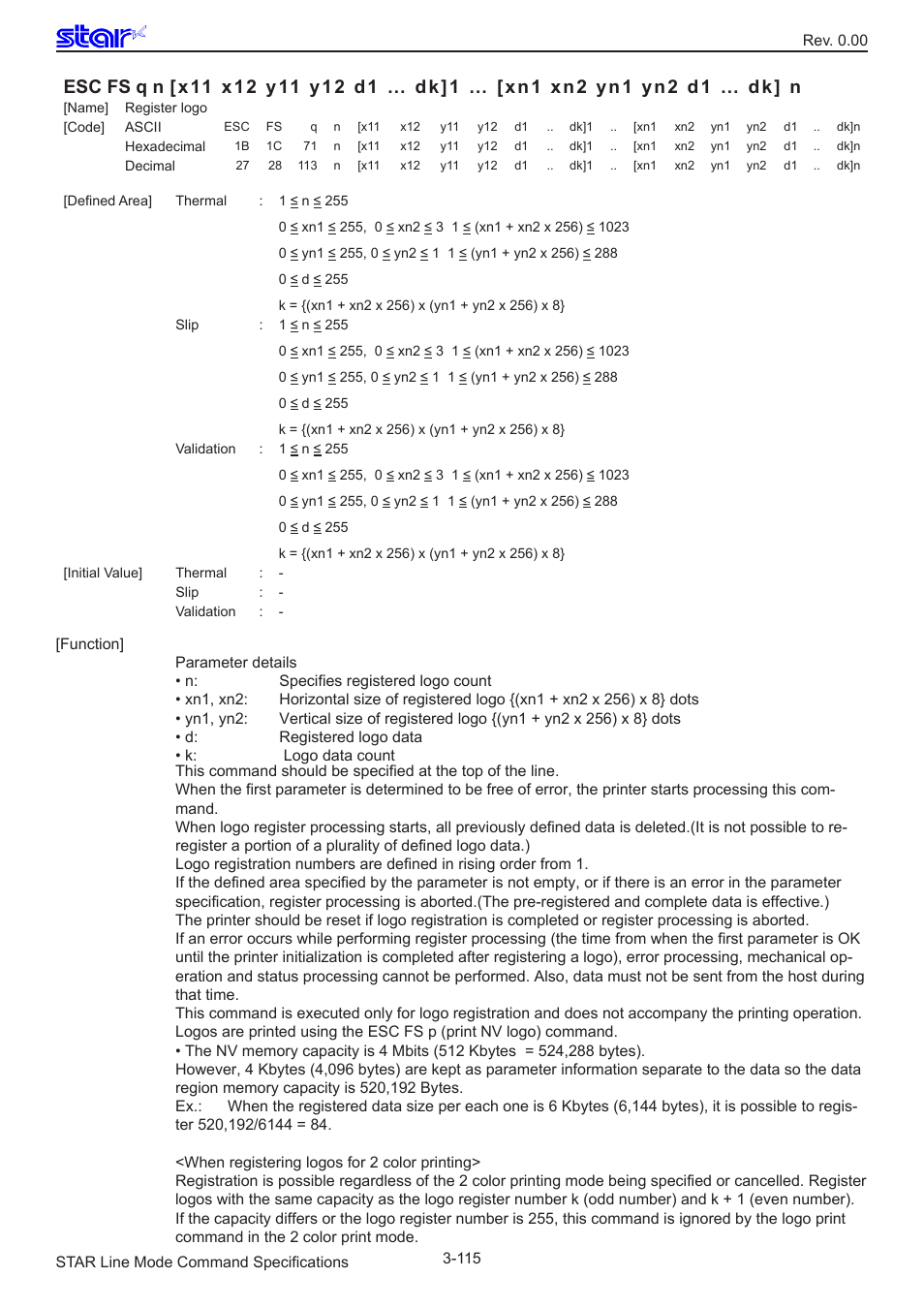 Esc fs q n | Star Micronics Line Thermal/Dot Printer User Manual | Page 127 / 209