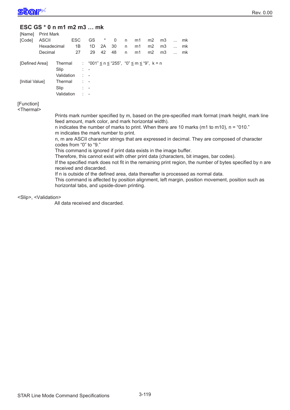 Esc gs * 0 n m1 m2 m3 … mk | Star Micronics Line Thermal/Dot Printer User Manual | Page 131 / 209