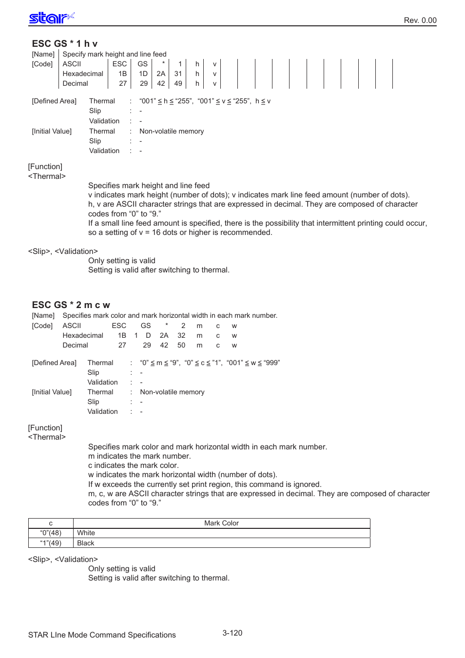 Esc gs * 1 h v, Esc gs * 2 m c w | Star Micronics Line Thermal/Dot Printer User Manual | Page 132 / 209