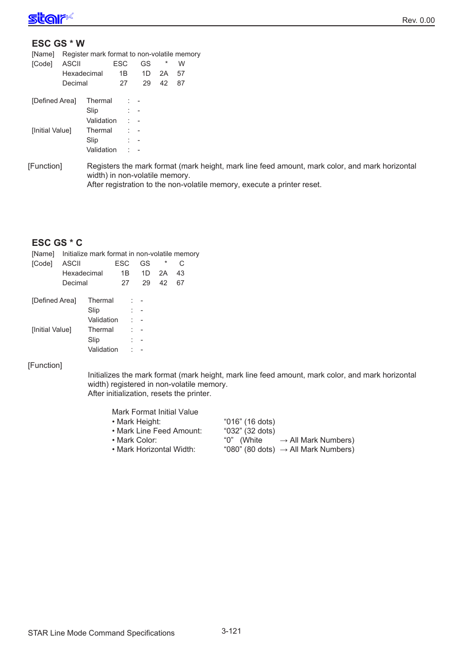 Esc gs * w, Esc gs * c | Star Micronics Line Thermal/Dot Printer User Manual | Page 133 / 209