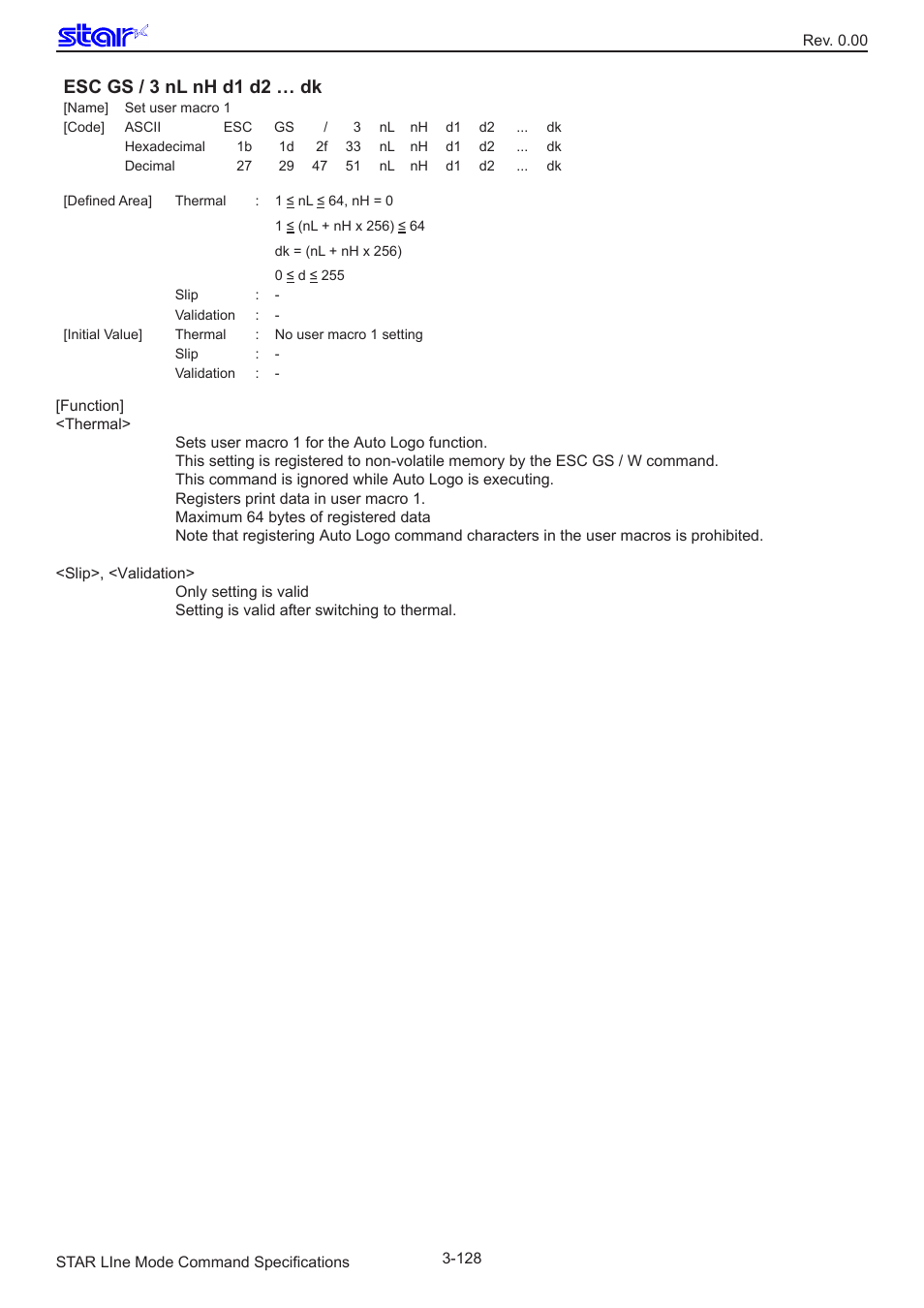 Esc gs / 3 nl nh d1 d2 … dk | Star Micronics Line Thermal/Dot Printer User Manual | Page 140 / 209