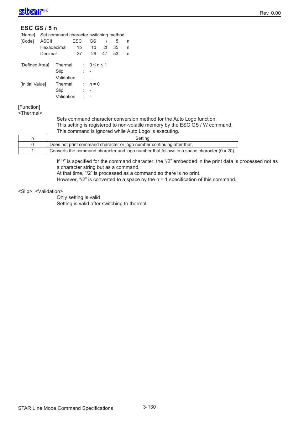 Esc gs / 5 n | Star Micronics Line Thermal/Dot Printer User Manual | Page 142 / 209