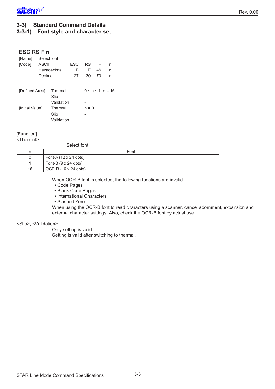 3) standard command details, 3-1) font style and character set, Esc rs f n | Star Micronics Line Thermal/Dot Printer User Manual | Page 15 / 209