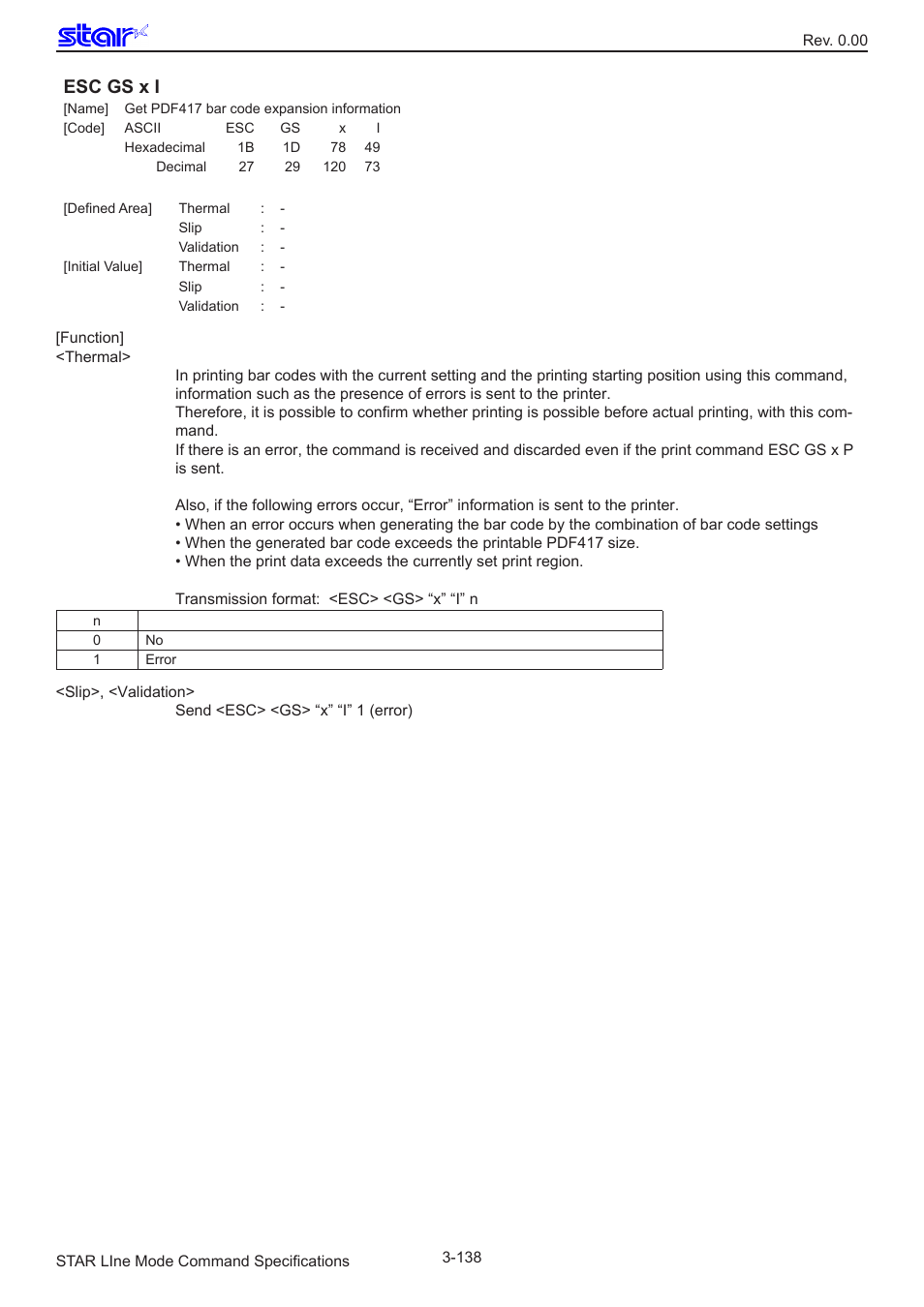 Esc gs x i | Star Micronics Line Thermal/Dot Printer User Manual | Page 150 / 209