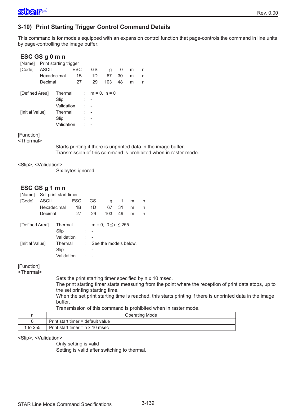 10) print starting trigger control command details, Esc gs g 0 m n, Esc gs g 1 m n | Star Micronics Line Thermal/Dot Printer User Manual | Page 151 / 209