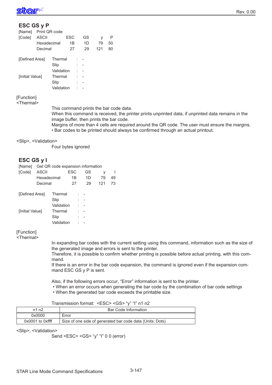 Esc gs y p, Esc gs y i | Star Micronics Line Thermal/Dot Printer User Manual | Page 159 / 209